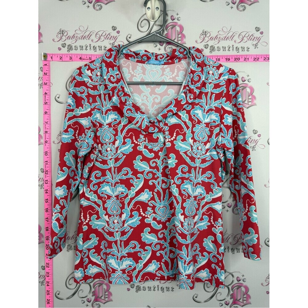 J. McLaughlin blouse shirt Red and Light Blue Floral Button-Front Blouse